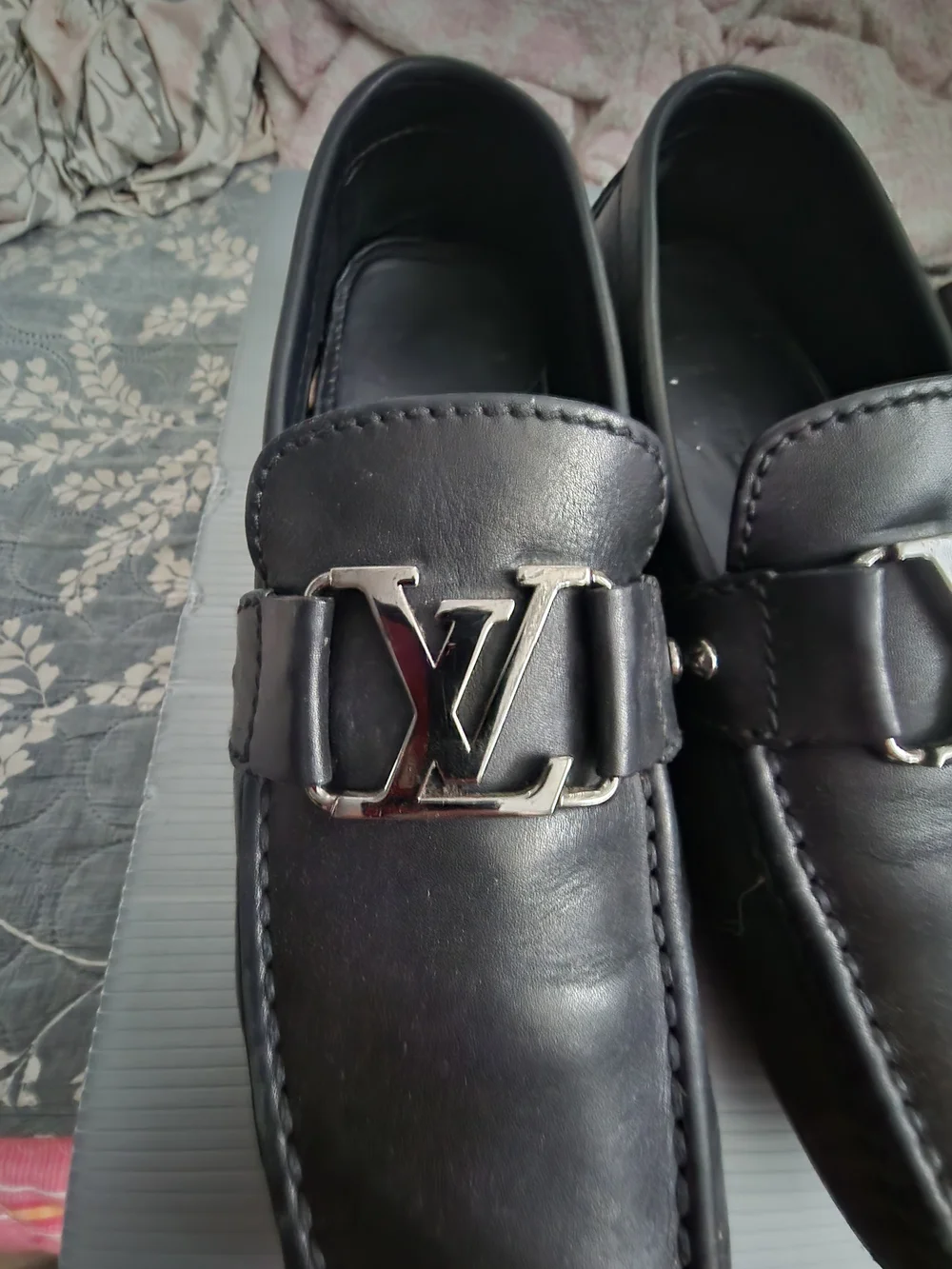 Authentic Louis Vuitton Black Leather Slip-On Loafers with Silver LV Size 41